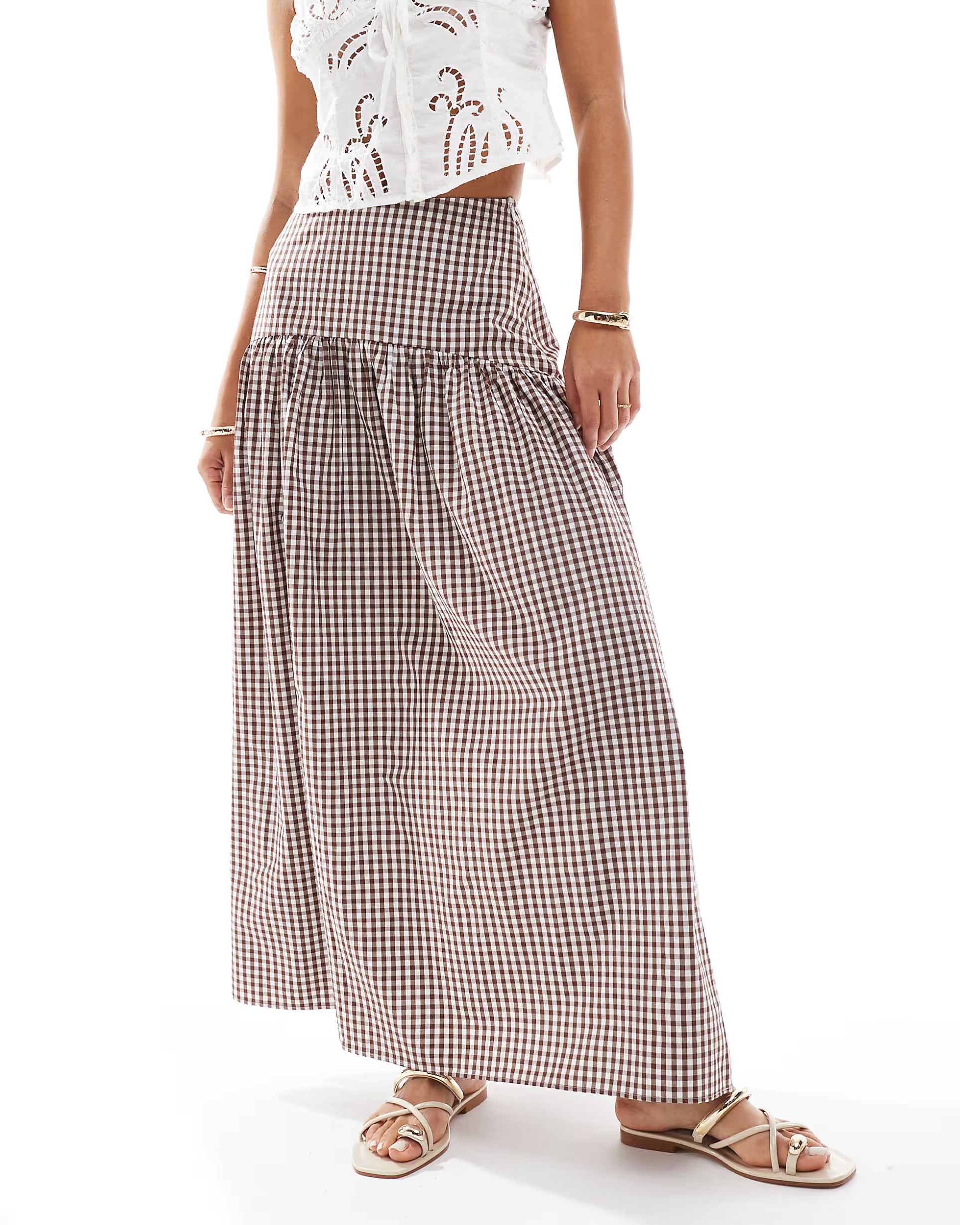 ASOS DESIGN drop waist maxi skirt in brown gingham | ASOS | ASOS (Global)