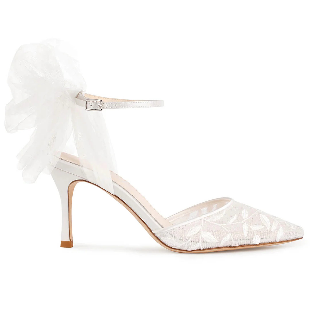 Vine Embroidered Ivory Lace Heels with Ankle Strap Tulle Bows | Bella Belle Shoes