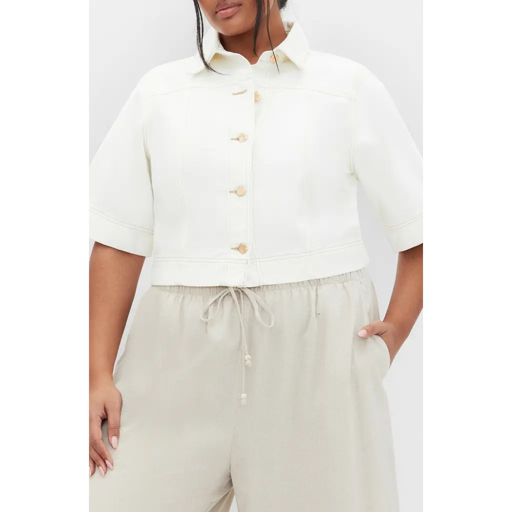 City Chic Millie Short Sleeve Denim Jacket in Ivory at Nordstrom, Size Xxl | Nordstrom