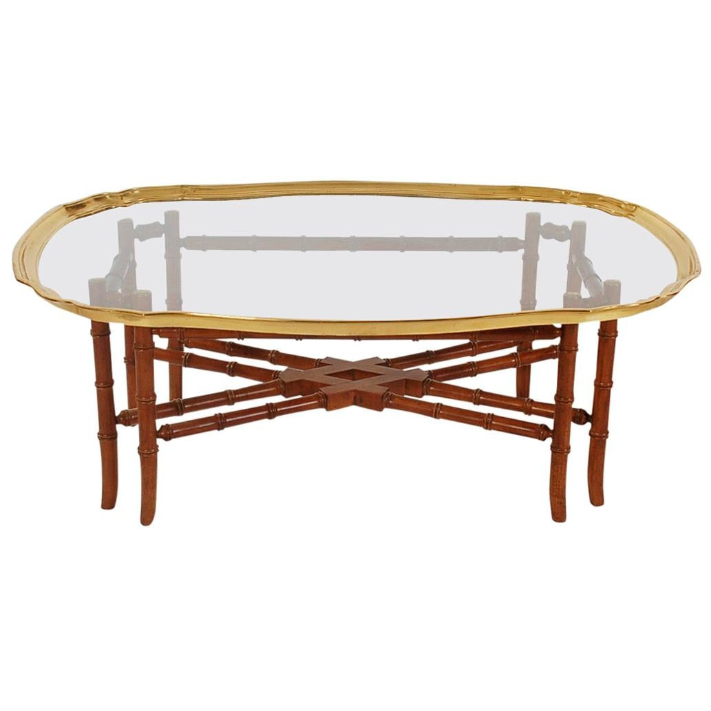 Small Scale Hollywood Regency Faux Bamboo Wood Brass Tray Cocktail Table | 1stDibs