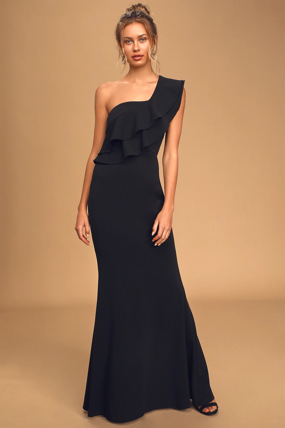Grand Beauty Black Ruffled One-Shoulder Mermaid Maxi Dress | Lulus (US)
