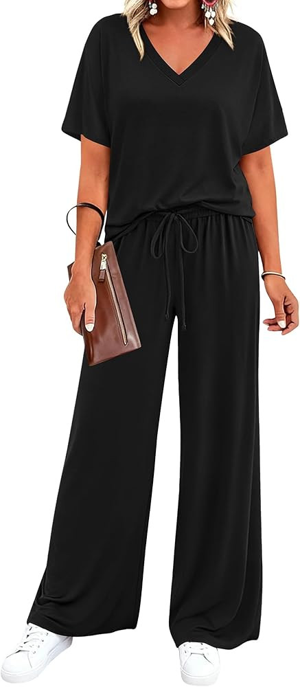 BTFBM 2 Piece Sets for Women Summer V Neck Short Sleeve Lounge Set Wide Leg Pants Matching Set Ai... | Amazon (US)