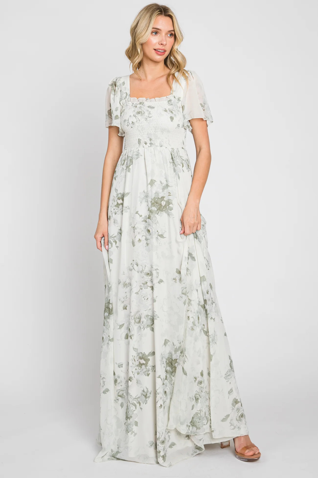 Mint Green Floral Chiffon Square Neck Smocked Maxi Dress | PinkBlush Maternity