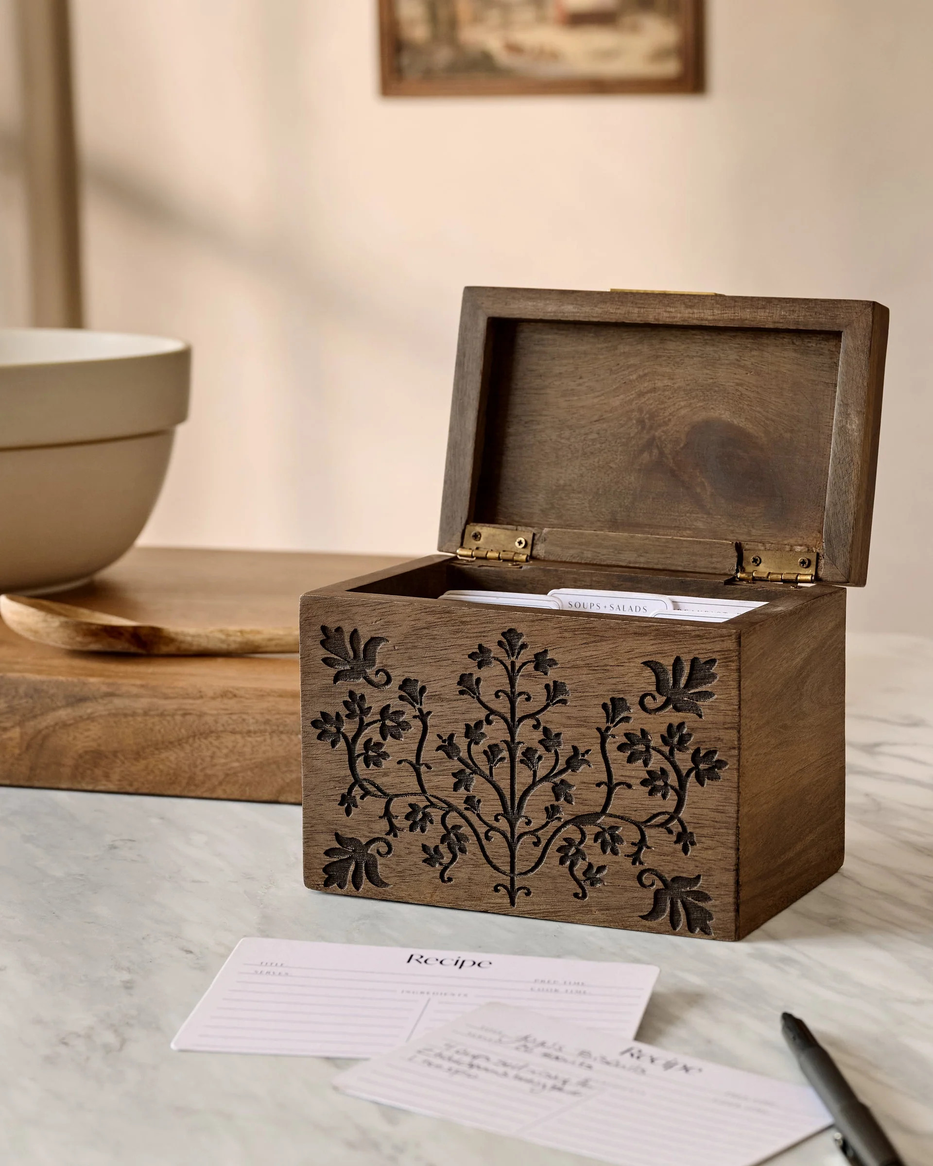Magnolia Carved Wood Recipe Box | Magnolia