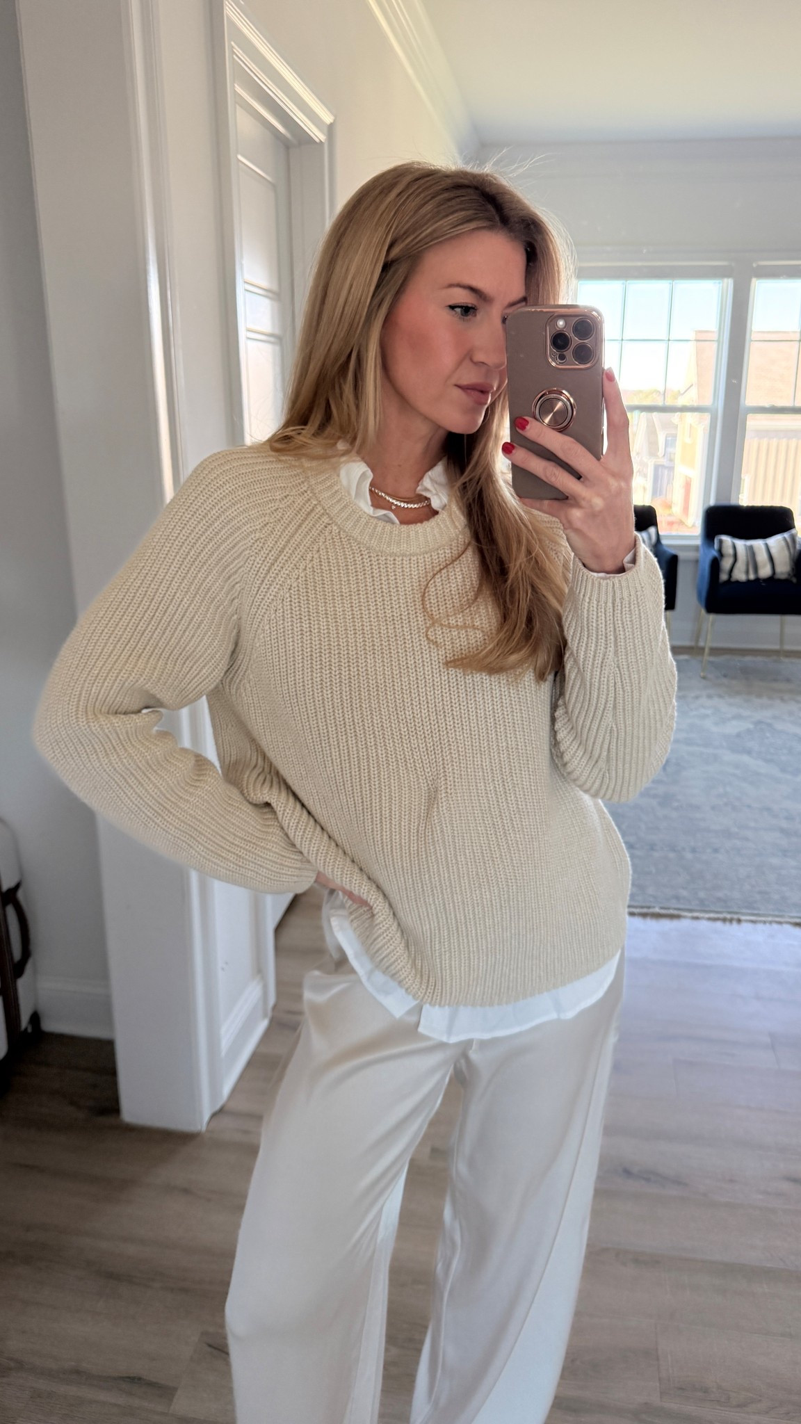 Cream sweater: runs small, size up 2 sizes! Wearing a L
White blouse under: runs slightly oversized, ON SALE, wearing a S
Pearl satin pants: run TTS, wearing a S, ON SALE
Birdies velvet smoking loafers: run TTS, incredible quality  

#LTKootd #LTKdayinmylife #LTKSaleAlert