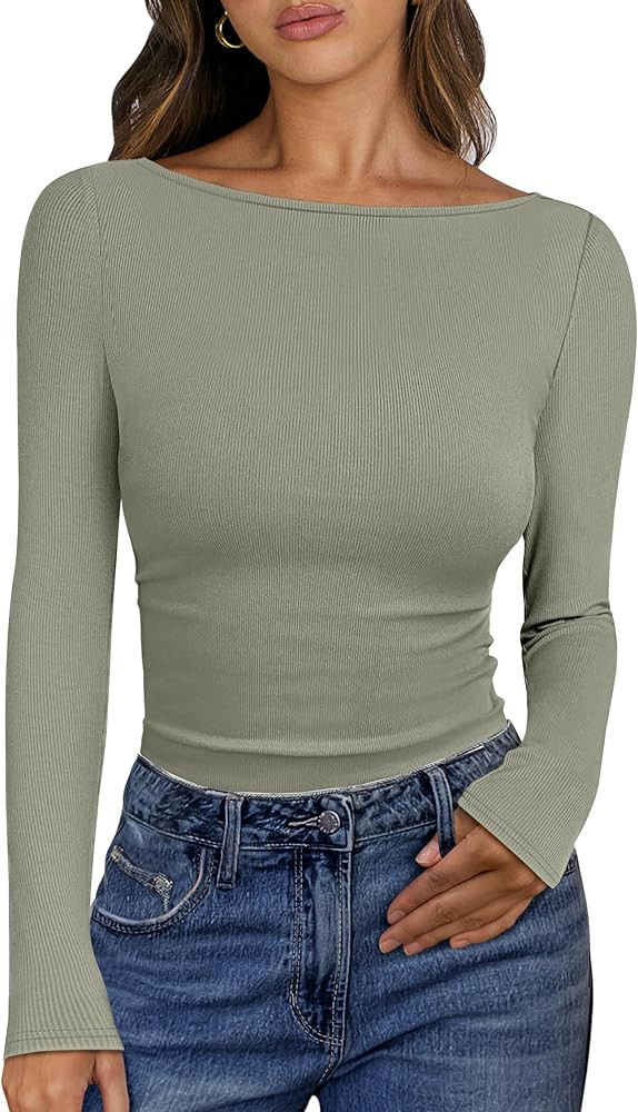 ANRABESS Women's Boat Neck Long Sleeve Shirts Rib Knit Slim Fitting Tops Basic Tees 2026 Casual C... | Amazon (US)