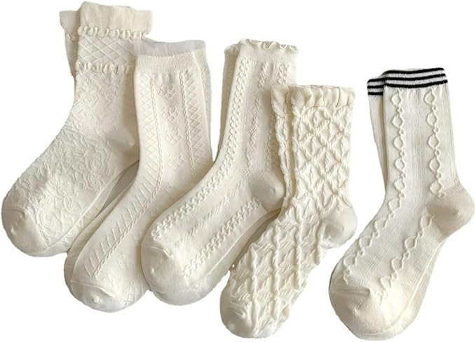 5 Pair Cute Beige Ruffle Frilly Rib Knit Crew Socks - Cottagecore Casual Ankle Coquette Kawaii Fl... | Amazon (US)