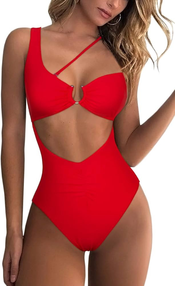 QINSEN Womens One Shoulder Cutout Ruched Back High Cut Monokini One Piece Swimsuit | Amazon (US)
