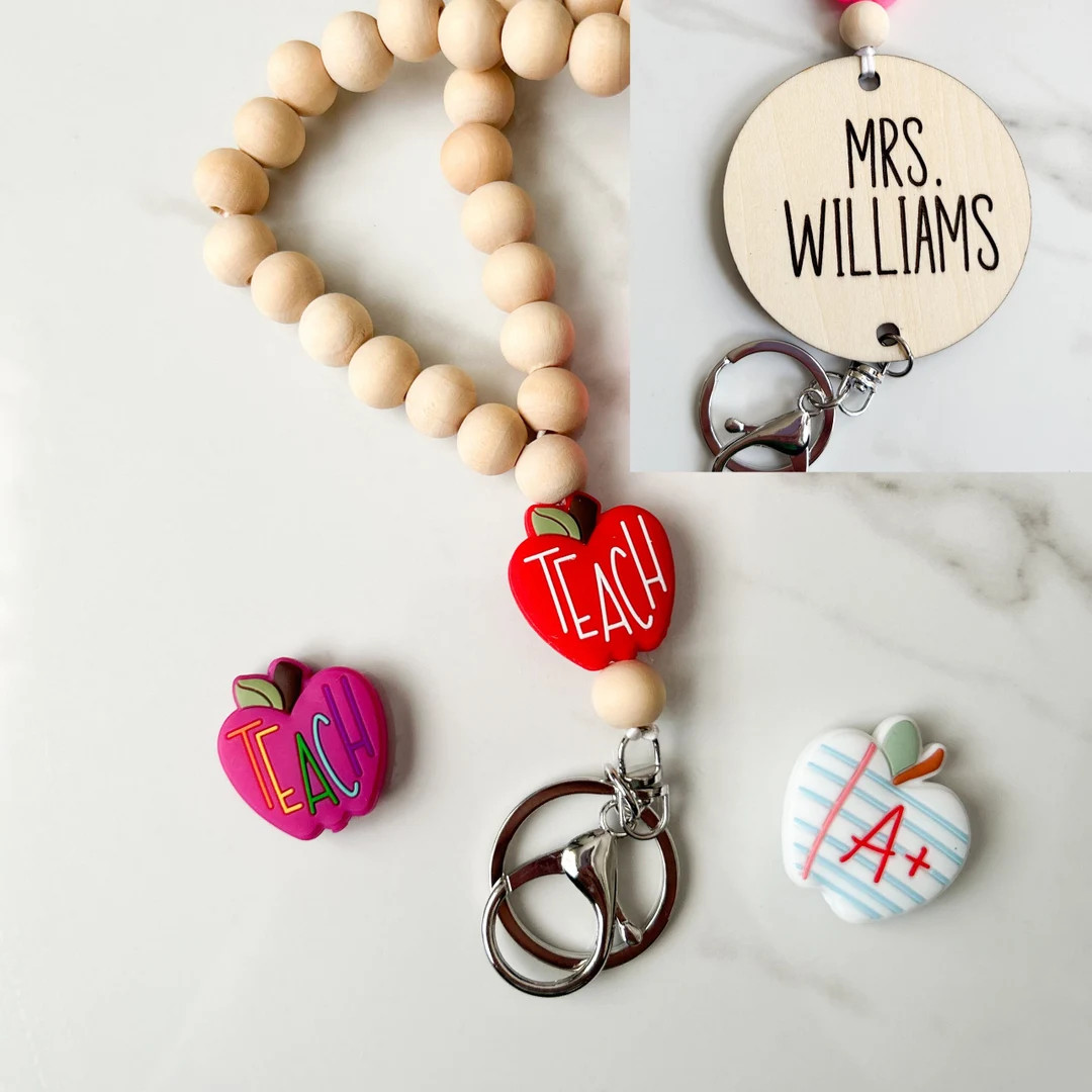 Simple teach Apple Personalized Lanyard, Rainbow Custom Lanyard, Teacher Gift, Wood Beaded Teache... | Etsy (US)
