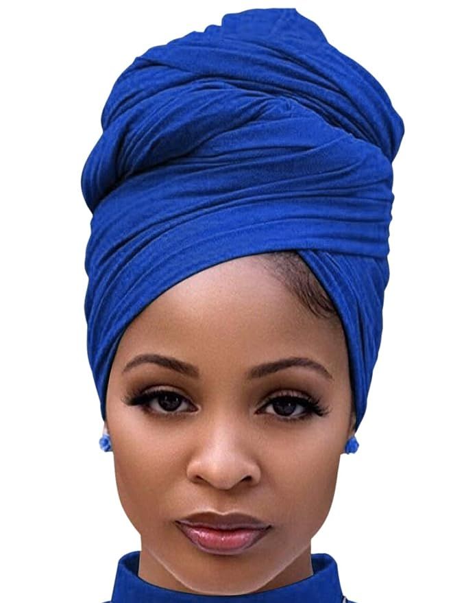 Harewom African Head Wraps for Black Women Solid Turban Stretch Headband Tie for Sleeping Royal B... | Amazon (US)