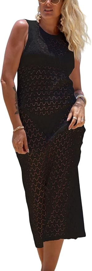 Bsubseach Crochet Cover Ups for Women Hollow Out Sleeveless Bikini Swimsuit Swimwear Side Split L... | Amazon (US)