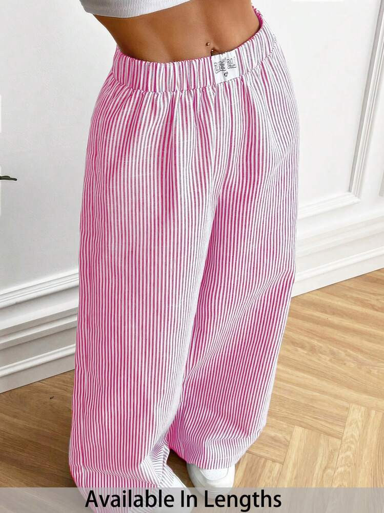 SHEIN PETITE CURVE Plus Size Women Striped Print Applique Woven Elastic Waist Casual Pants Women Clothing,Business Casual Woman, Wearable In All Seasons | SHEIN