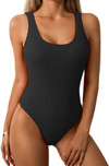 Click for more info about Women One Piece Swimsuit Solid Ribbed Monokini Swimwear Scoop Neck Low Back Bathing Suit