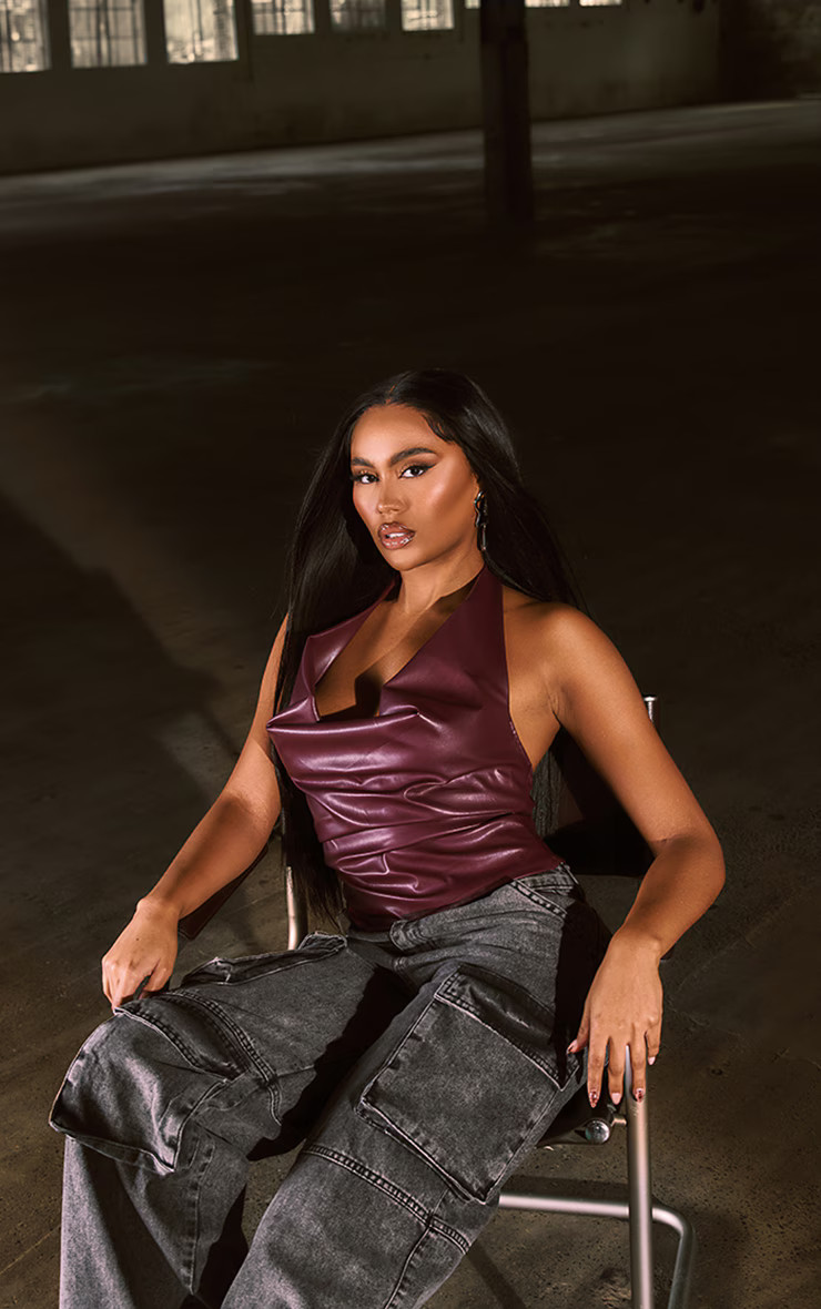 Cherry Red Faux Leather Cowl Peplum Long Top | PrettyLittleThing UK