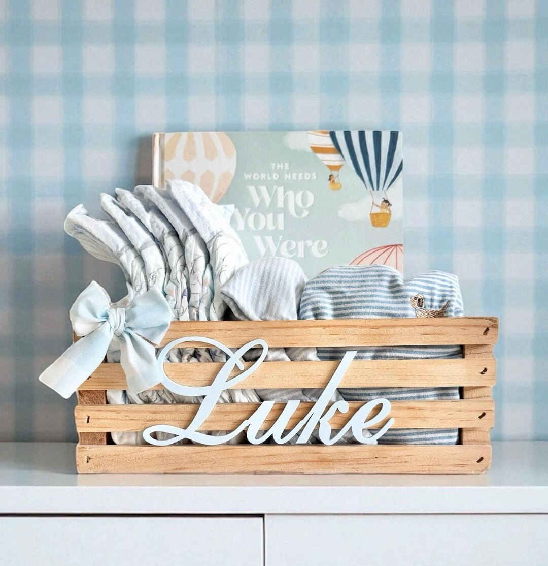 Basket With Name for Baby Shower Gift Box Boy First Birthday Toy Bin Toddler Blue Gingham Nursery... | Etsy (US)