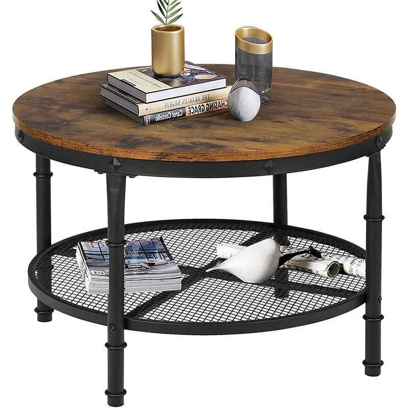 Small Round Coffee Table With Storage, Rustic Center Table For Living Room, Wood Surface Top & Me... | Wayfair North America