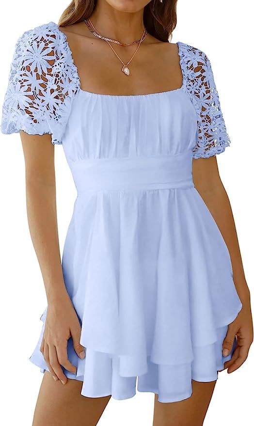 DOROSE Womens Summer Casual Lace Short Sleeve Mini Dress Romper | Amazon (US)