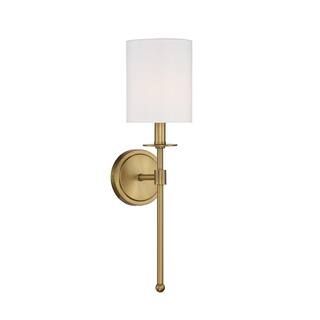 Meridian 5 in. W x 20 In H 1-Light Natural Brass Transitional Wall Sconce with White Fabric Shade | The Home Depot