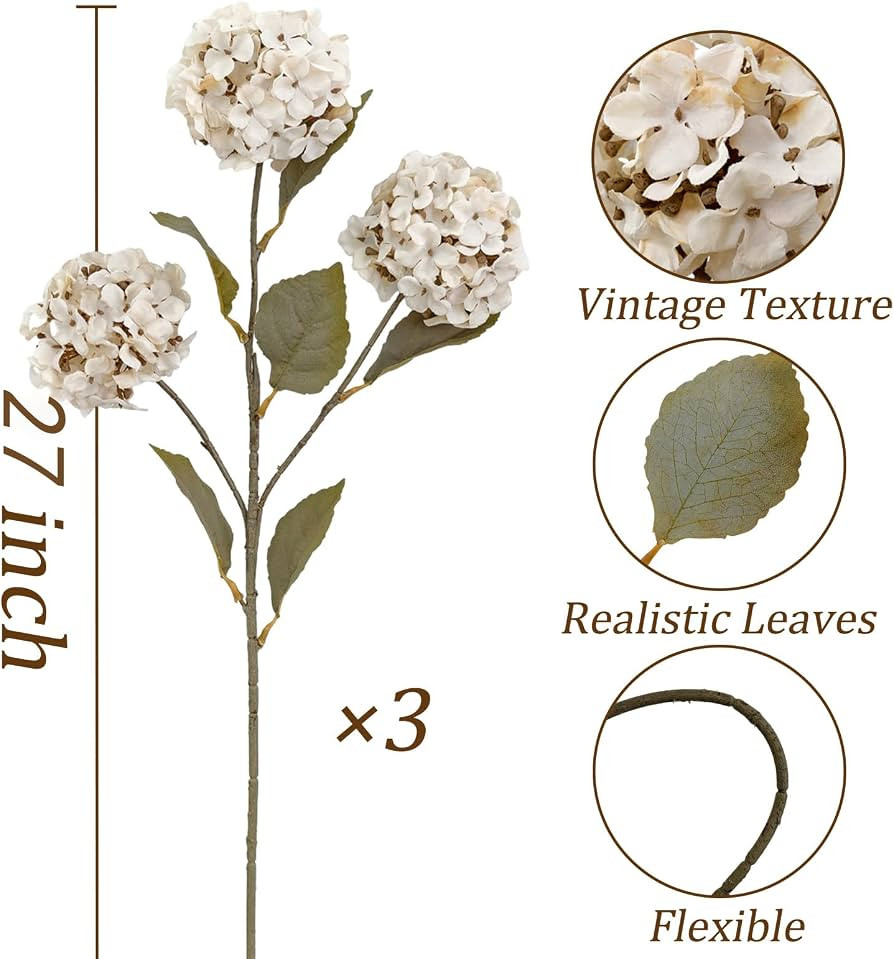 Thewe 4Pcs White Hydrangea Artificial Flowers \u2013 27" Vintage Fake Flowers | Amazon (US)