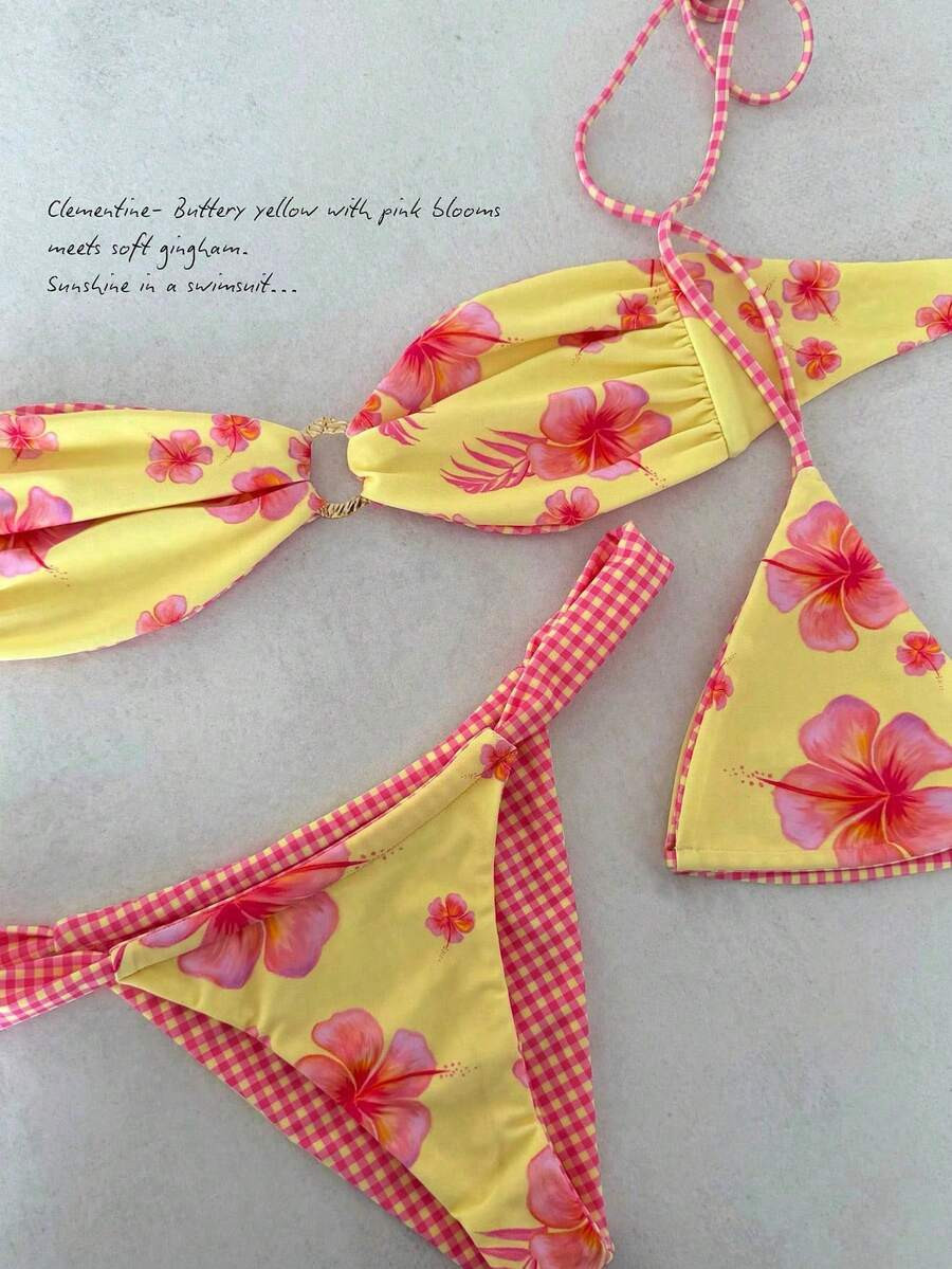2pcs/Set Women's Floral Print Beach Bikini Set, Versatile Styling, Adorned With Metal Accents, Su... | SHEIN