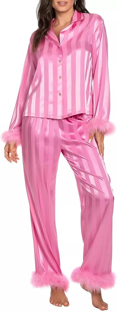 KMBANGI Women Y2k Pajamas Set Heart Print Silk Satin Pjs Feather Trim Long Sleeve Shirt Pants Lou... | Amazon (US)