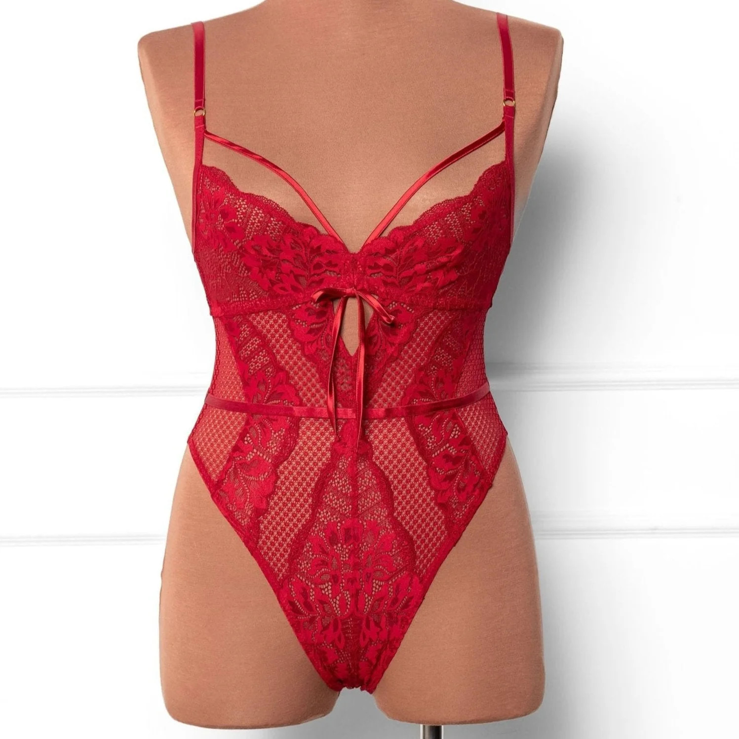Lacy Caged Crotchless Teddy - Red | Mentionables