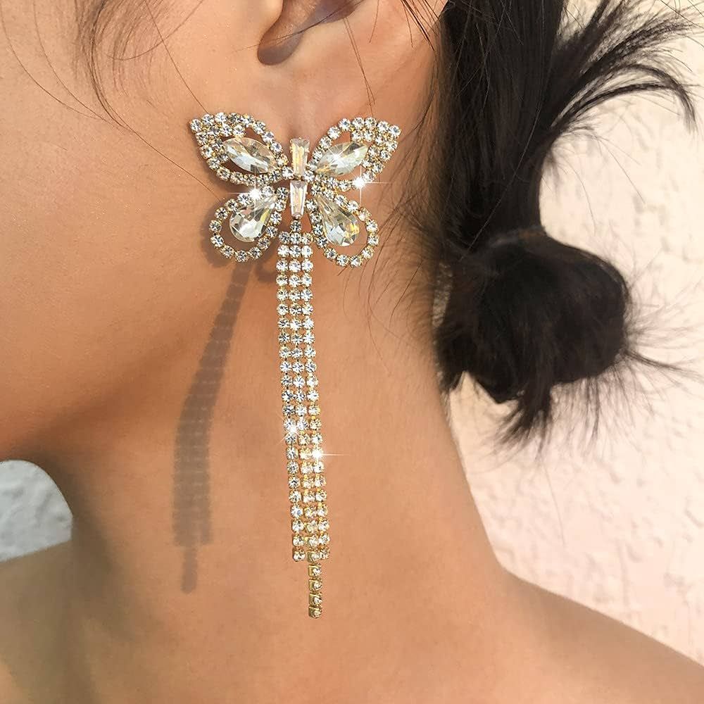 Girlssory Long Bow Tassel Earrings Full Diamond Earrings Butterfly Long Tassels Earrings Fashion ... | Amazon (US)