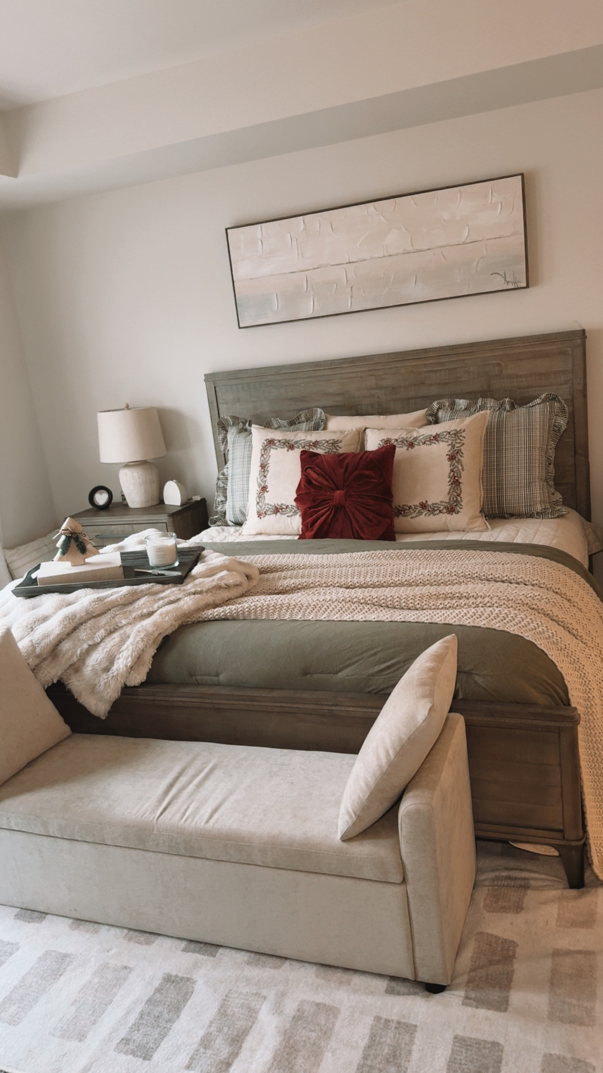 Holiday bedroom refresh ✨ Cozy textures, warm tones, and festive touches bring this space to life! Loving how the velvet bow pillow and soft knits make everything feel so inviting. All styled with finds from Target for an easy and affordable seasonal update. 🎄🛏️ 

 #LTKHoliday #LTKHome #LTKStyleTip