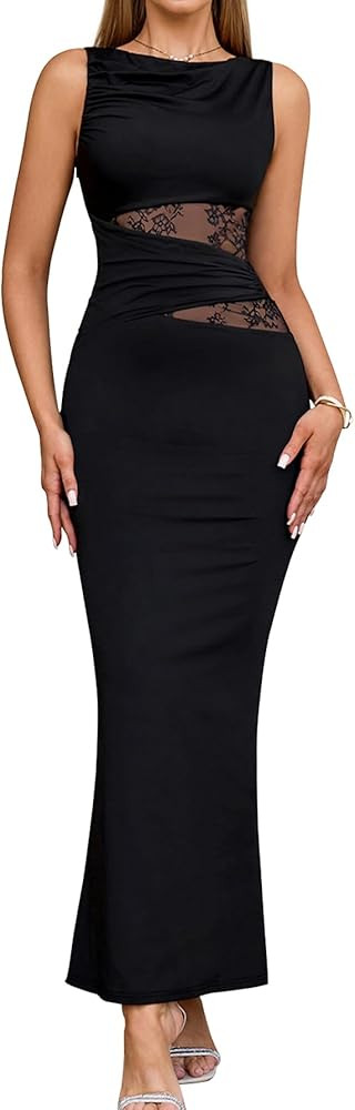EYNMIN Lace Long Formal Wedding Guest Dress Cut Out Boat Neck Sleeveless Ruched Bodycon Maxi Dres... | Amazon (US)