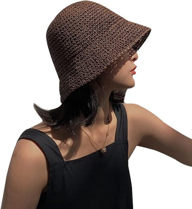 Women Sun Hat Hand-Woven Packable Beach Bucket Hat Summer Floppy UV Protection Hats, Coffee | Amazon (US)