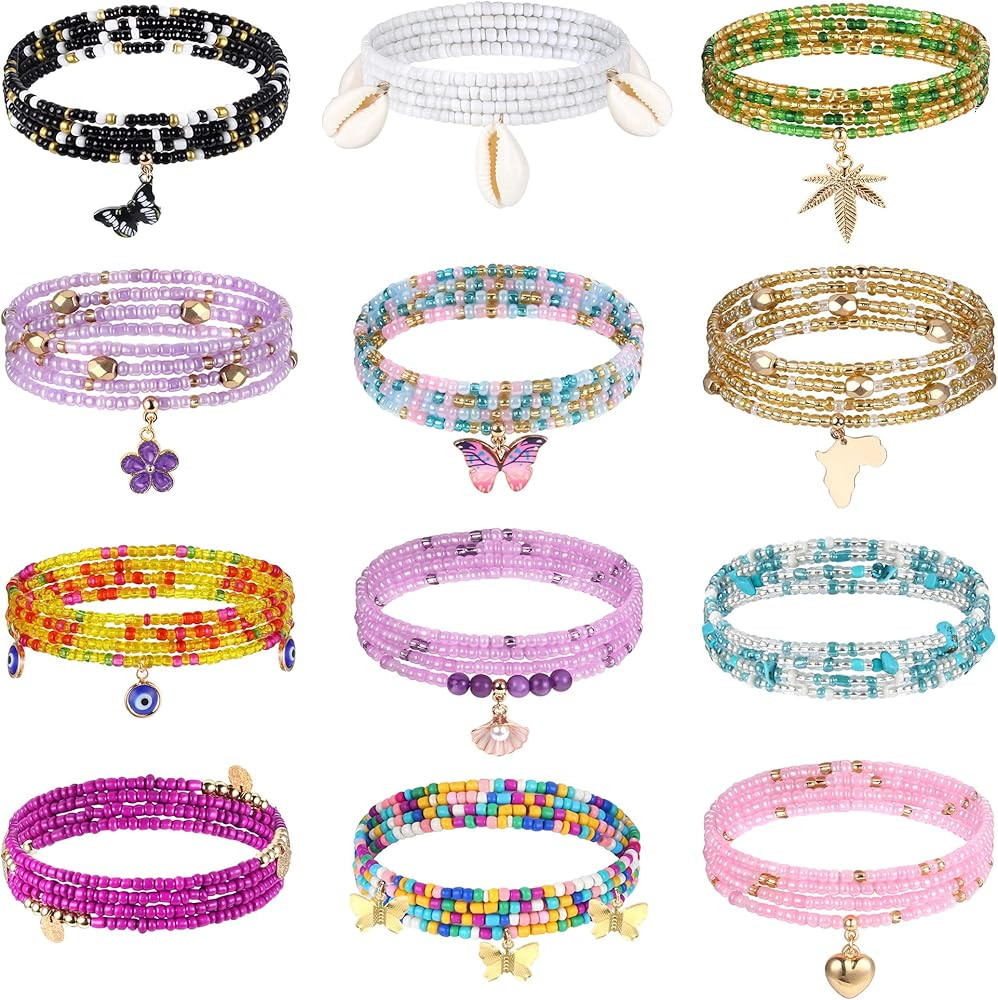 Sanfenly 12Pcs Waist Beads Chains for Women Colorful Belly Beads Elastic Waist Chains Summer Beac... | Amazon (US)