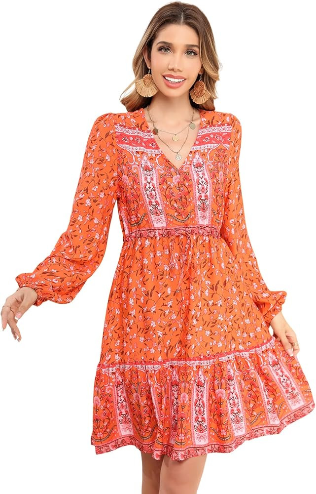 R.Vivimos Women's Cotton Long Sleeves V-Neck Button Up Floral Print Bohemian Flowy Mini Dress | Amazon (US)
