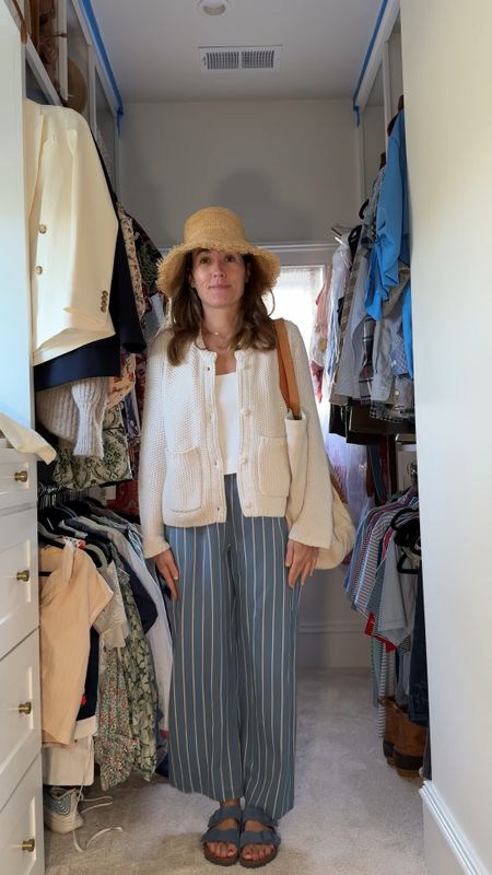 What I wore on a boat day! 🚤Wearing a small in the cardigan, medium in swimsuit, small in top and pants. Hat is old but linking similar and bag is sold out!