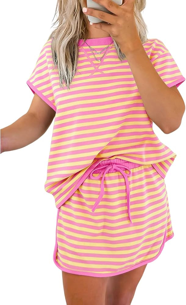 SELINK Lounge Sets for Women 2 Piece Skirt Colorblock Drop Shoulder T Shirt and Skort Set Summer ... | Amazon (US)