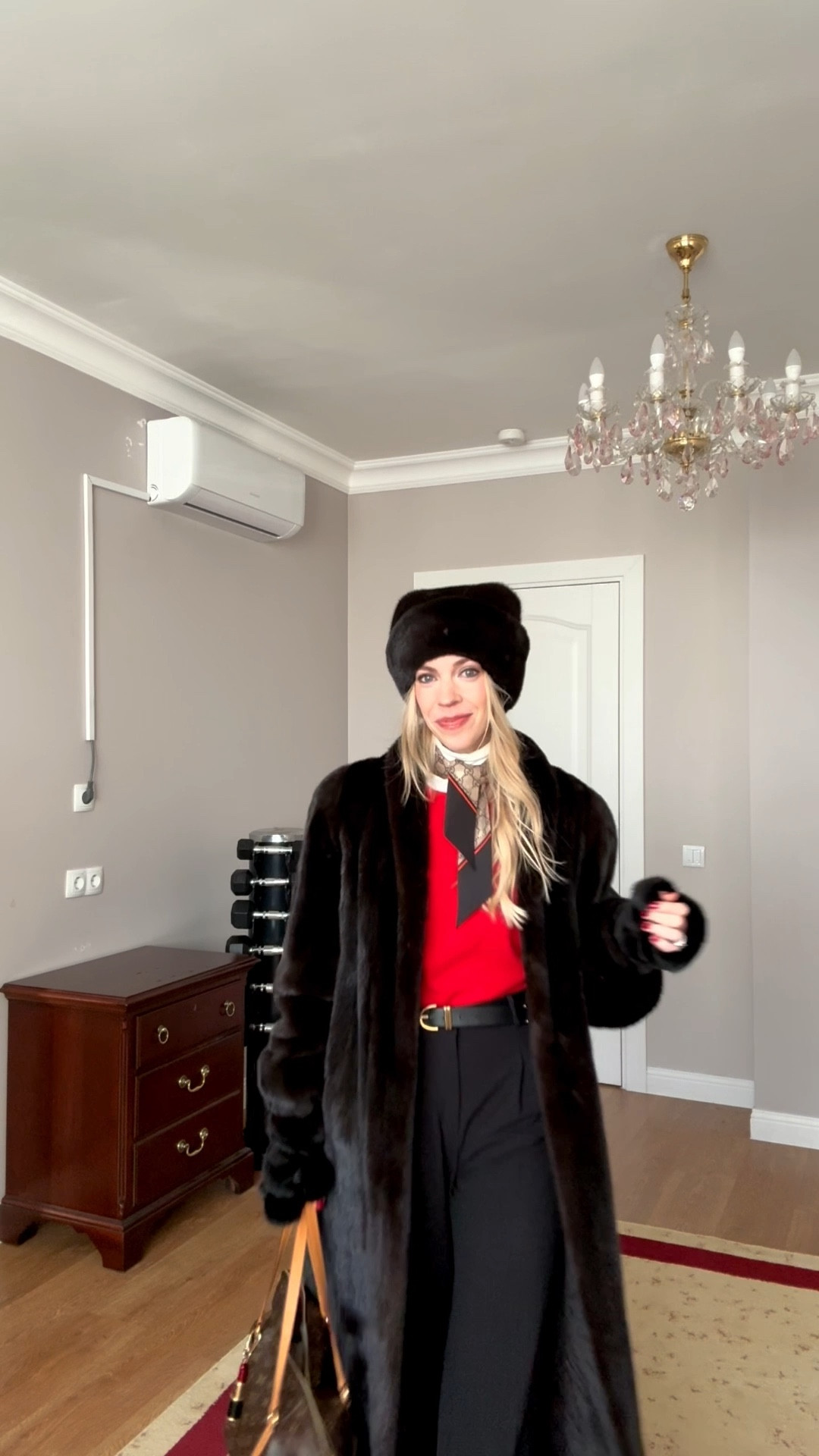 Holiday workwear, office look, red sweater, Gucci scarf, black wide leg trousers, vintage fur coat, classic style 

#LTKWorkwear #LTKHoliday #LTKgrwm