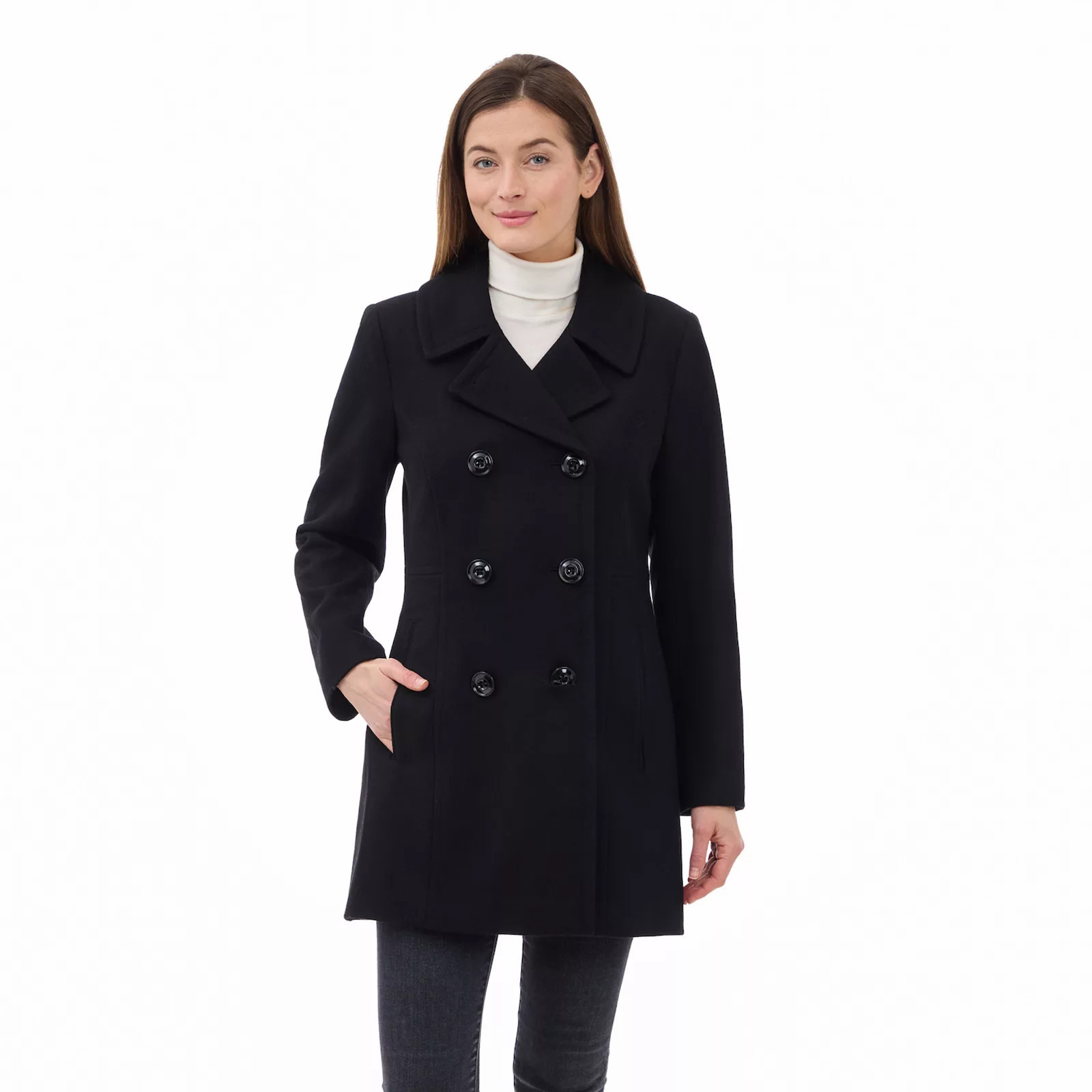 Women's London Fog Double-Breasted Wool Blend Peacoat, Size: Large, Black | Kohl's
