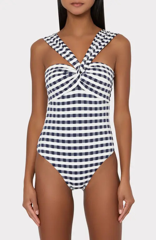 Milly Betsy Cottage Jacquard Convertible One-Piece Swimsuit in Navy/White at Nordstrom, Size Small | Nordstrom