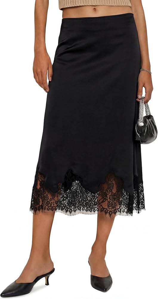 Cicy Bell Womens Silk Satin Midi Skirts Casual Dressy Lace Hem High Waisted A-Line Skirt Elegant ... | Amazon (US)