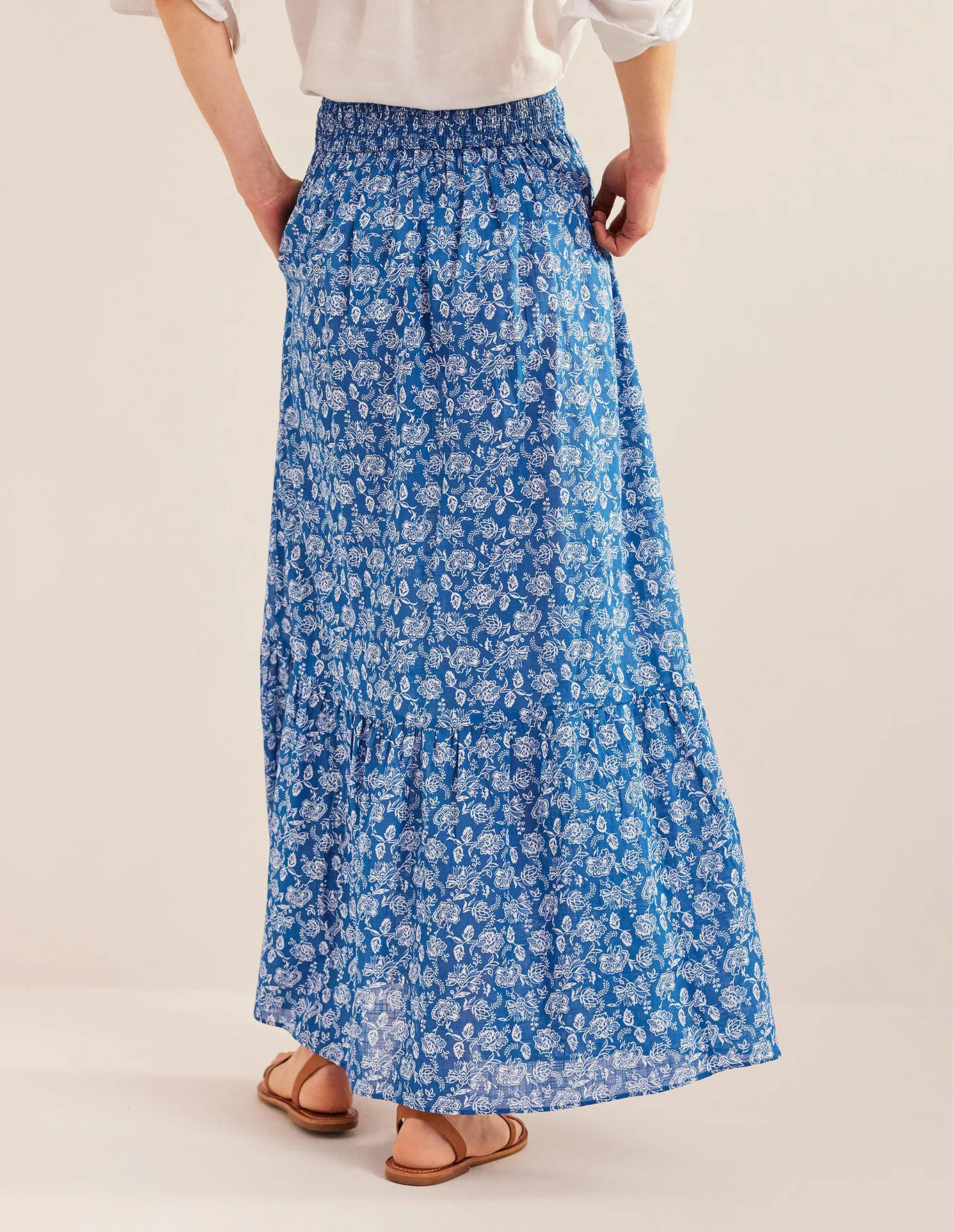 TIERED COTTON MAXI SKIRT - True Blue, Linear Bloom | Boden (US)