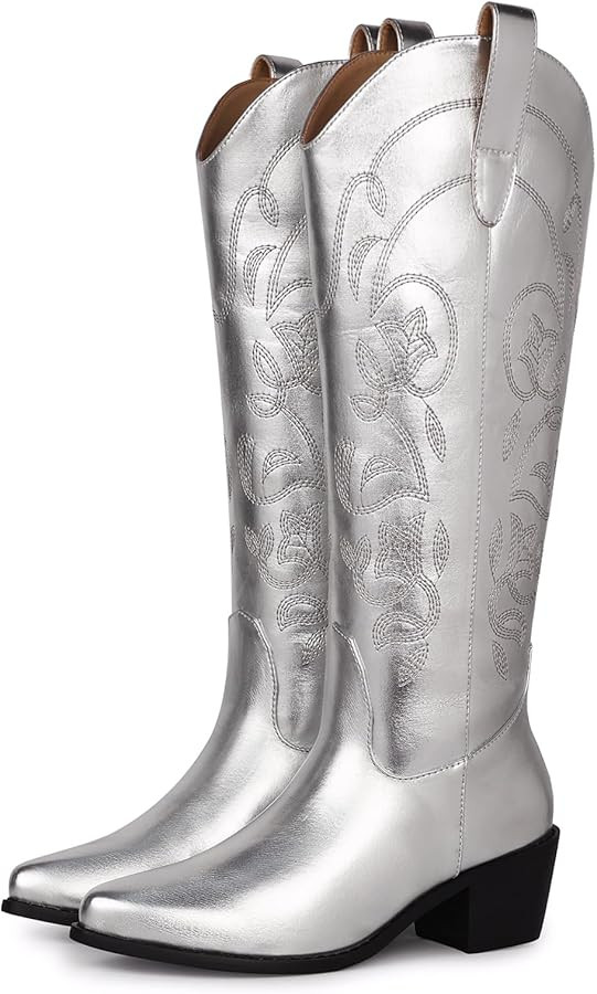 SHIBEVER Cowboy Cowgirl Boots for Women: Women's Knee-High Boots Wide Calf Tall Chunky Heel Embro... | Amazon (US)