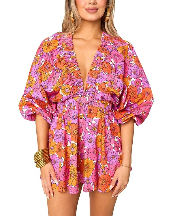 Women Summer Casual Short Tee Romper Deep v Neck Long Puff Sleeve Plaid Playsuit Oversized Jumpsu... | Amazon (US)