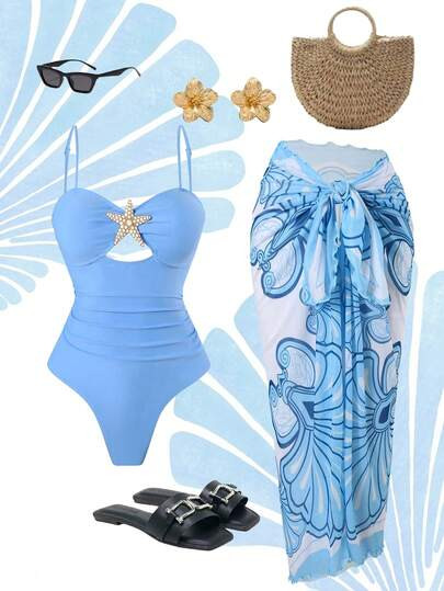 Swim Oasis Women Summer Beach Holiday Hollow-Out Starfish Decor Ruched Tummy Control One-Piece Sw... | SHEIN