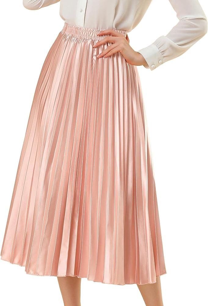 Allegra K Women's Elastic Waist Party Metallic Shiny Accordion Pleated Midi Skirt | Amazon (US)