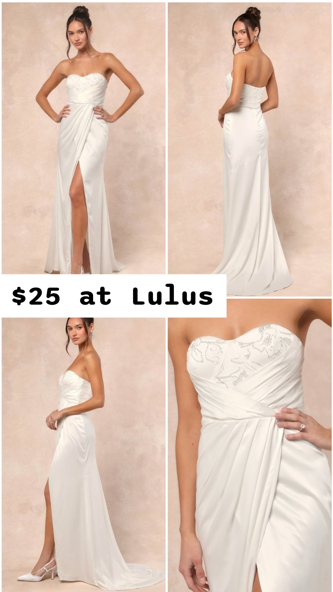 White satin beaded strapless maxi wedding dress only $25 at Lulus!

Reception dresses, bride wedding dresses, courthouse elopement dresses, long white dresses, minimalist wedding dresses, or micro wedding dresses.

#LTKWedding #LTKSaleAlert #LTKSeasonal