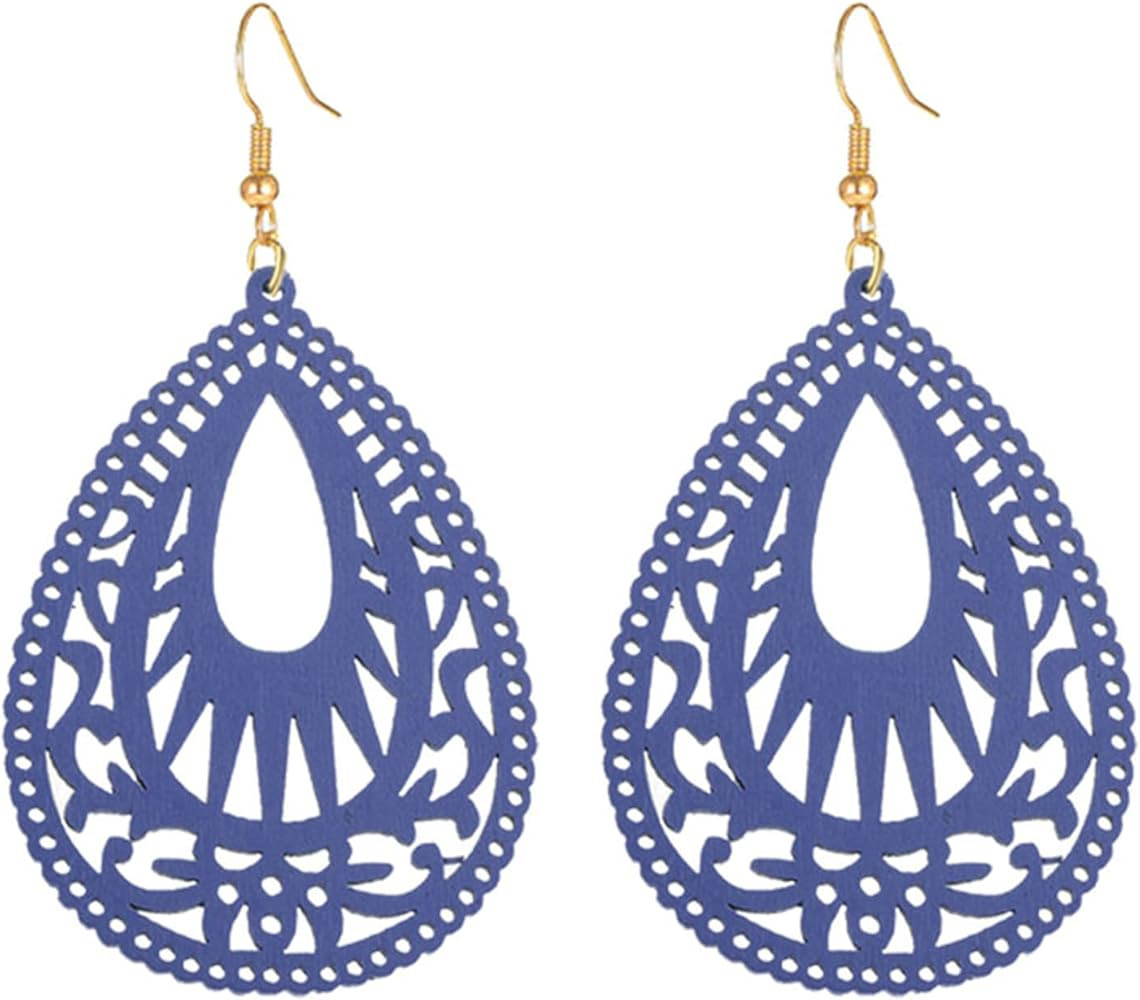 MALOYANVE Bohemian Wood Earrings for Women Handmade Natural Retro Lightweight Teardrop Geometric ... | Amazon (US)