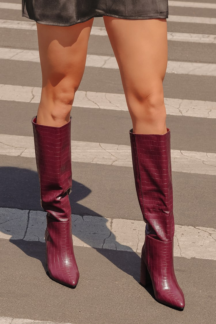 Katari Cranberry Croc Pointed-Toe Knee High Boots | Lulus