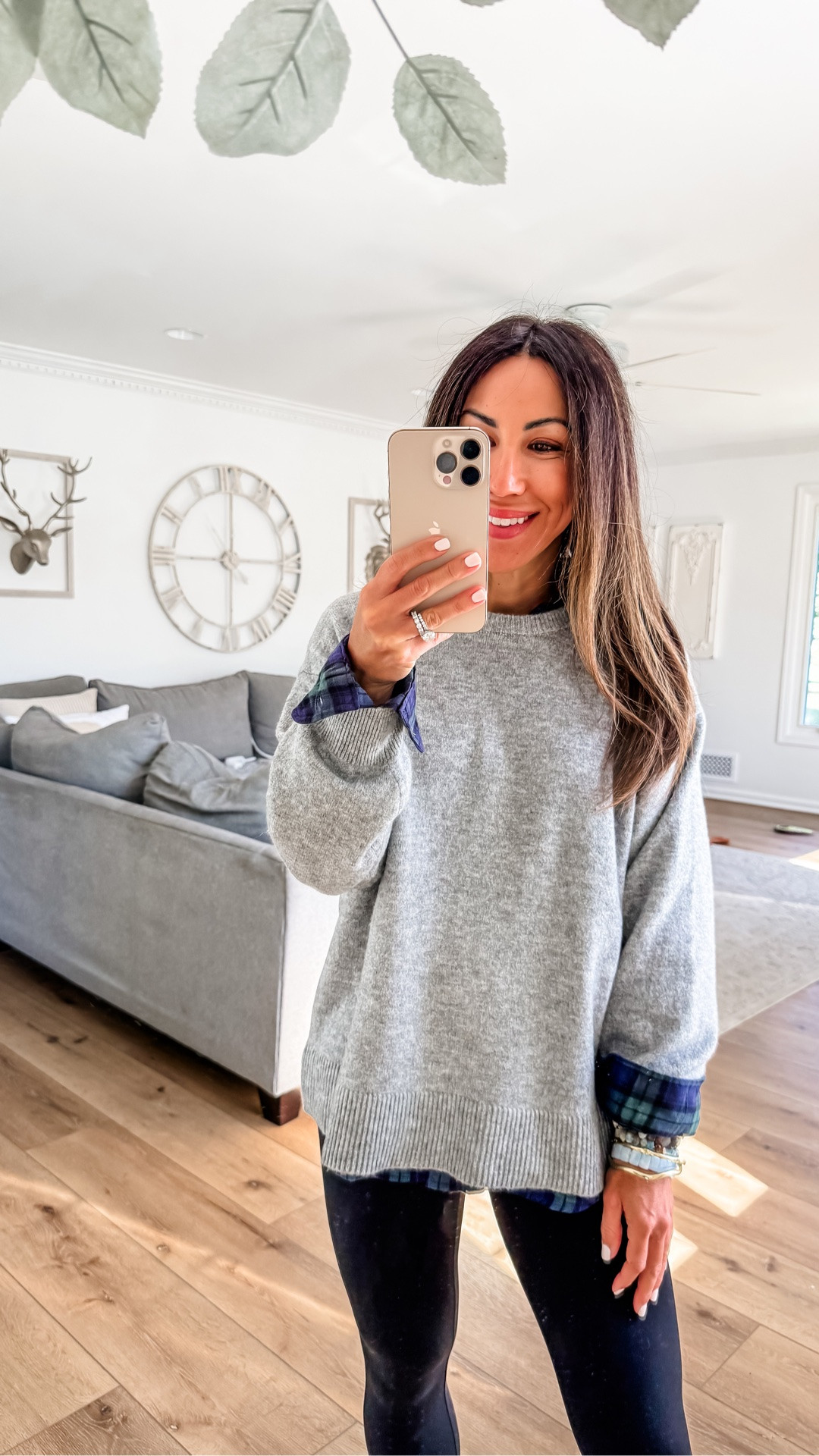Small gray sweater. Small flannel shirt. Leggings XS. Shoes code HOUSEOFLEO. Target style.