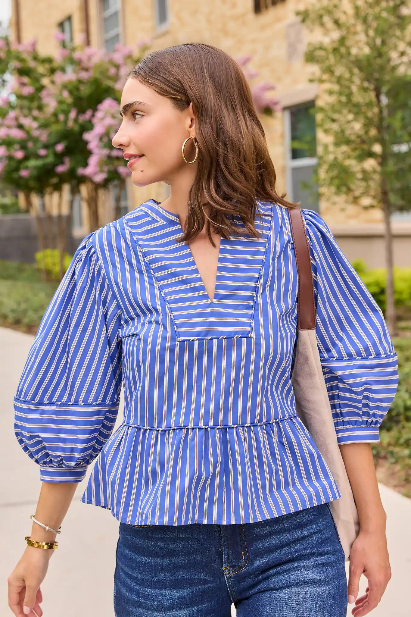 Blue Striped Split Neck Peplum Top | Avara