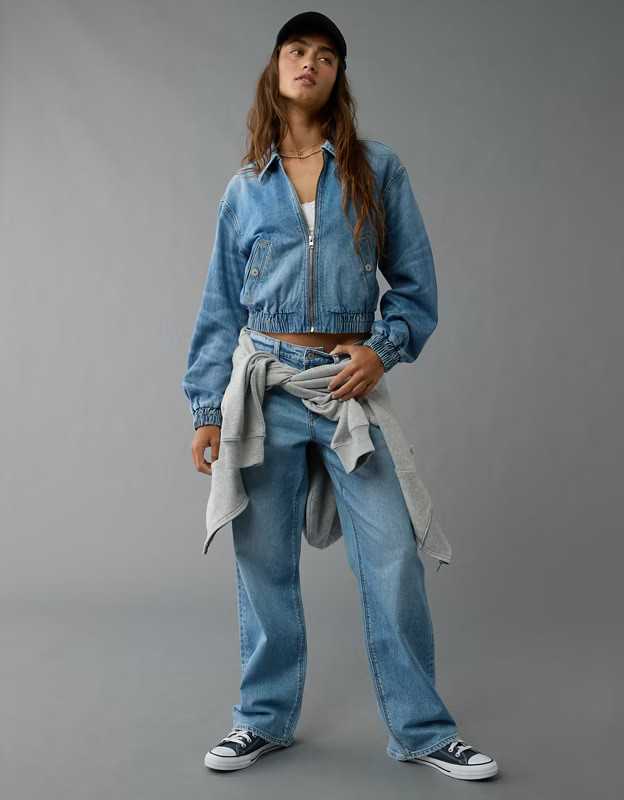 AE Cropped Zip-Up Denim Bomber | American Eagle Outfitters (US & CA)