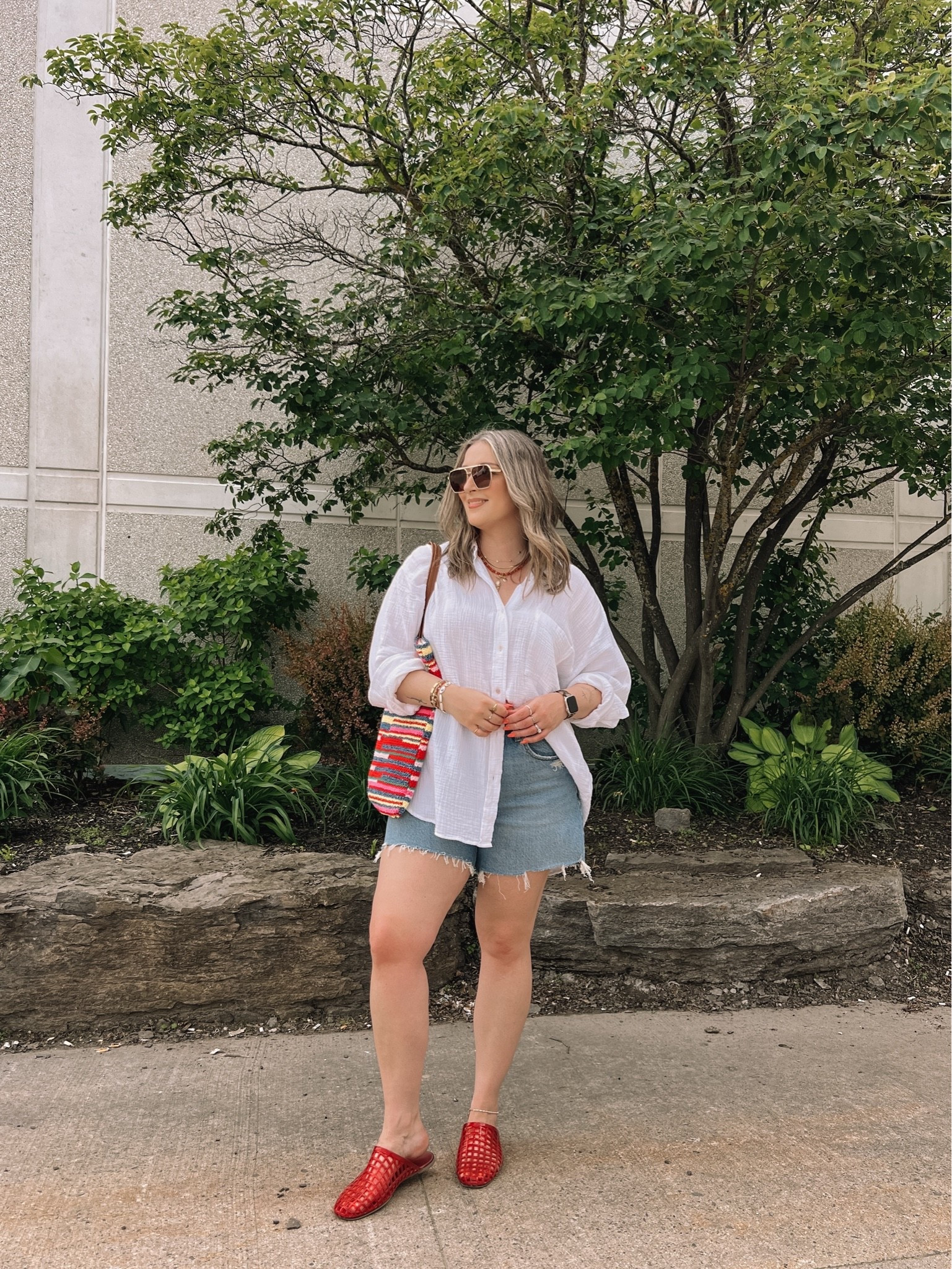 Easy summer outfit! Wearing my usual size L in the white button up shirt, sized up to 32 in the denim shorts. Jelly shoes are quite comfy, I’m a 9.5-10 shoe and wear a 10. Canadian shoe and bag links are under “similar products”

#LTKsummer #LTKsale #LTKmidsize
